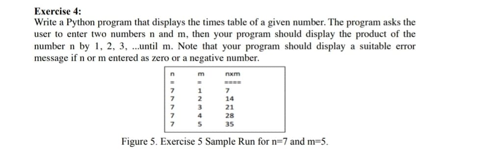 Exercise 4:
Write a Python program that displays the times table of a given number. The program asks the
user to enter two numbers n and m, then your program should display the product of the
number n by 1, 2, 3, ...until m. Note that your program should display a suitable error
message if n or m entered as zero or a negative number.
m
nxm
====
1
2
14
7
3
21
4
28
35
Figure 5. Exercise 5 Sample Run for n=7 and m=5.
