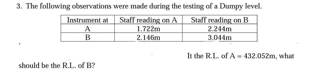 3. The following observations were made during the testing of a Dumpy level.
Instrument at
Staff reading on A
Staff reading on B
A
1.722m
2.244m
2.146m
3.044m
It the R.L. of A = 432.052m, what
should be the R.L. of B?
