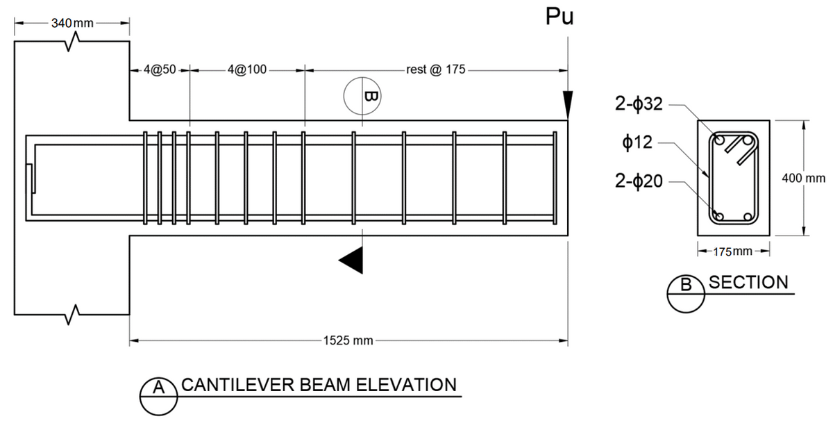 Pu
340 mm
4@50 --
- 4@100
-rest @ 175
2-ф32
$12
2-ф20
400 mm
175mm -
B SECTION
-1525 mm
ACANTILEVER BEAM ELEVATION
B
