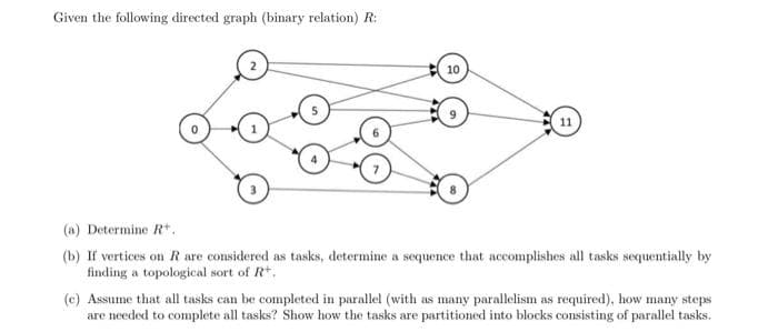 Given the following directed graph (binary relation) R:
10
11
(a) Determine R*.
(b) If vertices on R are considered as tasks, determine a sequence that accomplishes all tasks sequentially by
finding a topological sort of Rt.
(c) Assume that all tasks can be completed in parallel (with as many parallelism as required), how many steps
are needed to complete all tasks? Show how the tasks are partitioned into blocks consisting of parallel tasks.
