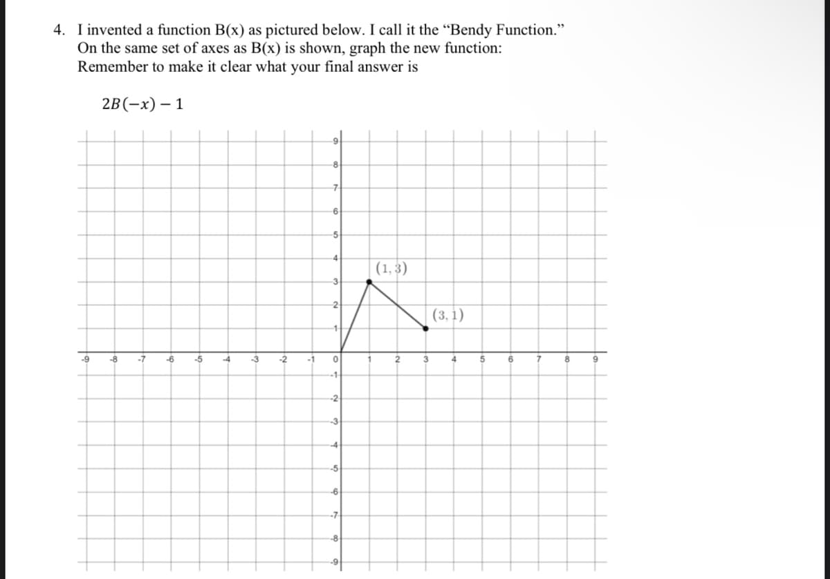 4. I invented a function B(x) as pictured below. I call it the “Bendy Function."
On the same set of axes as B(x) is shown, graph the new function:
Remember to make it clear what your final answer is
2B (-х) — 1
-8
7
-6
(1, 3)
(3, 1)
-9
-8
-7
-6
-5
-4
-3
-2
-1
3
4
6
8
9
-5
-6
--7
-8
-9
