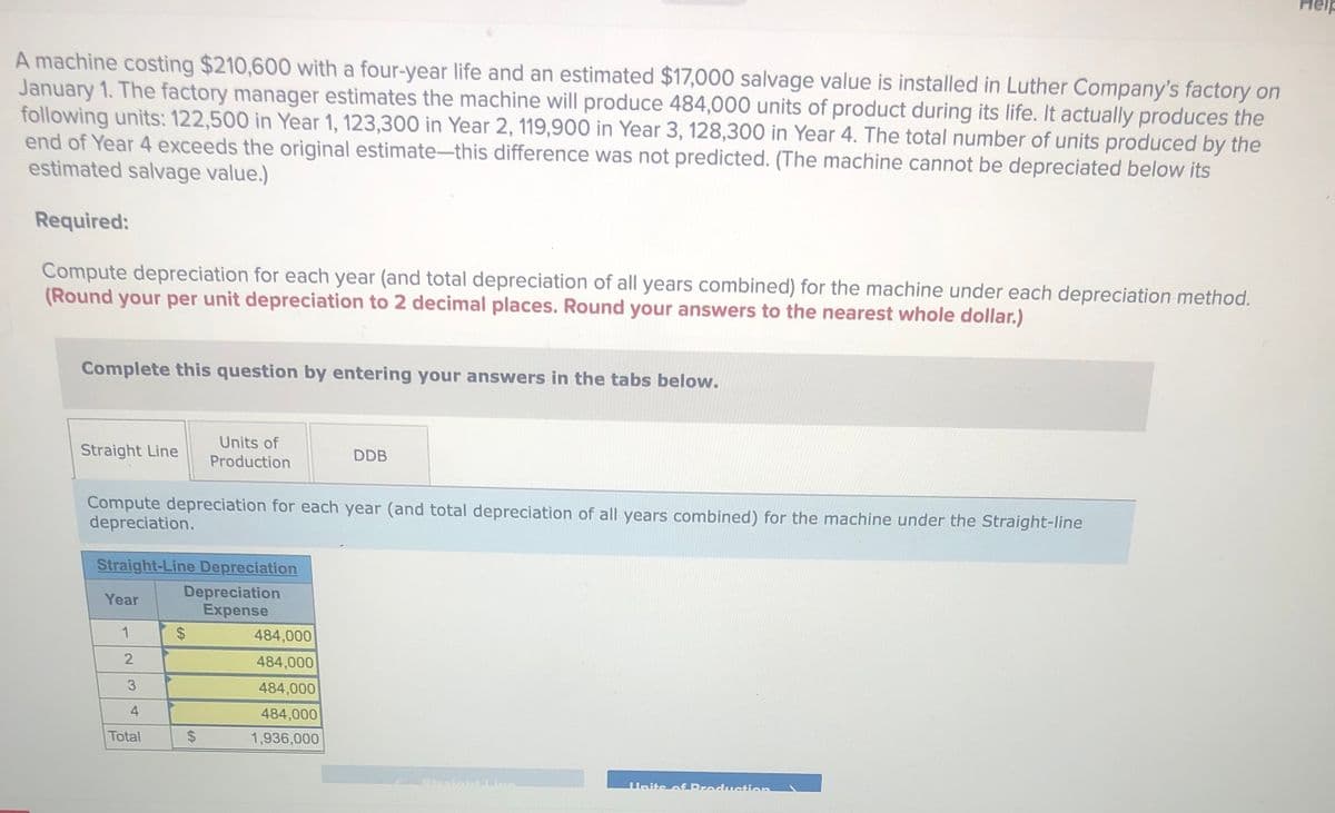 Help
A machine costing $210,600 with a four-year life and an estimated $17,000 salvage value is installed in Luther Company's factory on
January 1. The factory manager estimates the machine will produce 484,000 units of product during its life. It actually produces the
following units: 122,500 in Year 1, 123,300 in Year 2, 119,900 in Year 3, 128,300 in Year 4. The total number of units produced by the
end of Year 4 exceeds the original estimate-this difference was not predicted. (The machine cannot be depreciated below its
estimated salvage value.)
Required:
Compute depreciation for each year (and total depreciation of all years combined) for the machine under each depreciation method.
(Round your per unit depreciation to 2 decimal places. Round your answers to the nearest whole dollar.)
Complete this question by entering your answers in the tabs below.
Units of
Straight Line
DDB
Production
Compute depreciation for each year (and total depreciation of all years combined) for the machine under the Straight-line
depreciation.
Straight-Line Depreciation
Depreciation
Expense
Year
1
484,000
484,000
484,000
4
484,000
Total
$
1,936,000
Hnits oEDreduction
%24
