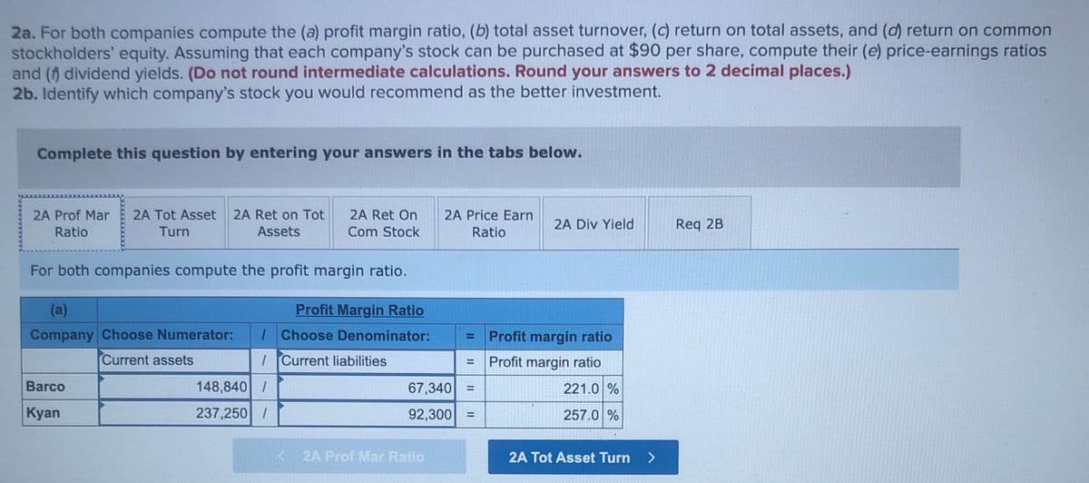 2a. For both companies compute the (a) profit margin ratio, (b) total asset turnover, (c) return on total assets, and (d) return on common
stockholders' equity. Assuming that each company's stock can be purchased at $90 per share, compute their (e) price-earnings ratios
and (f dividend yields. (Do not round intermediate calculations. Round your answers to 2 decimal places.)
2b. Identify which company's stock you would recommend as the better investment.
Complete this question by entering your answers in the tabs below.
2A Prof Mar
2A Tot Asset
2A Ret on Tot
2A Ret On
2A Price Earn
2A Div Yield
Req 2B
Ratio
Turn
Assets
Com Stock
Ratio
For both companies compute the profit margin ratio.
(a)
Profit Margin Ratio
Company Choose Numerator:
IChoose Denominator:
Profit margin ratio
%D
Current assets
| Current liabilities
Profit margin ratio
%3D
Barco
148,840 /
67,340
221.0 %
Кyan
237,250 /
92,300
257.0 %
< 2A Prof Mar Ratio
2A Tot Asset Turn >
II
