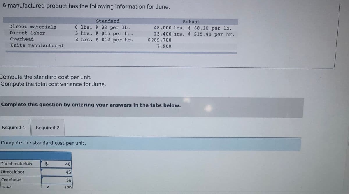 A manufactured product has the following information for June.
Standard
Actual
Direct materials
6 lbs. @ $8 per lb.
3 hrs. @ $15 per hr.
3 hrs. @ $12 per hr.
48,000 lbs. @ $8.20 per lb.
23,400 hrs. @ $15.40 per hr.
$289,700
Direct labor
Overhead
Units manufactured
7,900
Compute the standard cost per unit.
Compute the total cost variance for June.
Complete this question by entering your answers in the tabs below.
Required 1
Required 2
Compute the standard cost per unit.
Direct materials
48
Direct labor
45
Overhead
36
Tatal
129
%24
