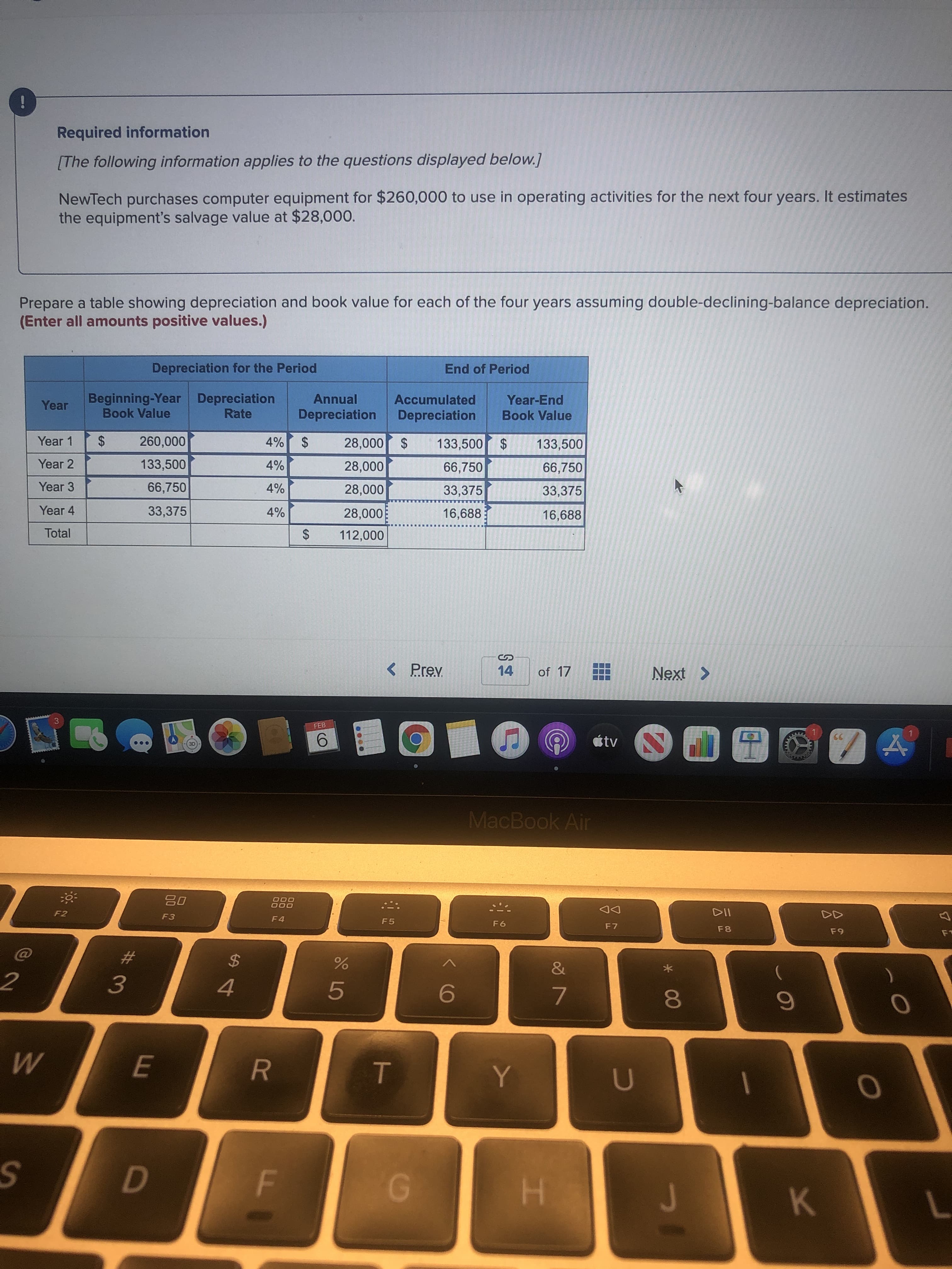 NewTech purchases computer equipment for $260,000 to use in operating activities for the next four years. It estimates
the equipment's salvage value at $28,000.
