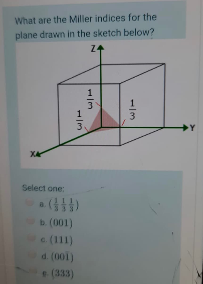 What are the Miller indices for the
plane drawn in the sketch below?
1
3
Select one:
111
a.
b. (001)
c. (111)
d. (001)
e. (333)
1/3
1/3
