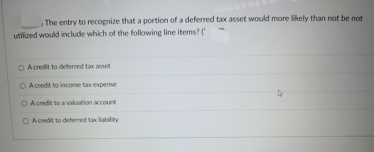 The entry to recognize that a portion of a deferred tax asset would more likely than not be not
utilized would include which of the following line items? ('
O A credit to deferred tax asset
O A credit to income tax expense
O A credit to a valuation account
O A credit to deferred tax liability
A