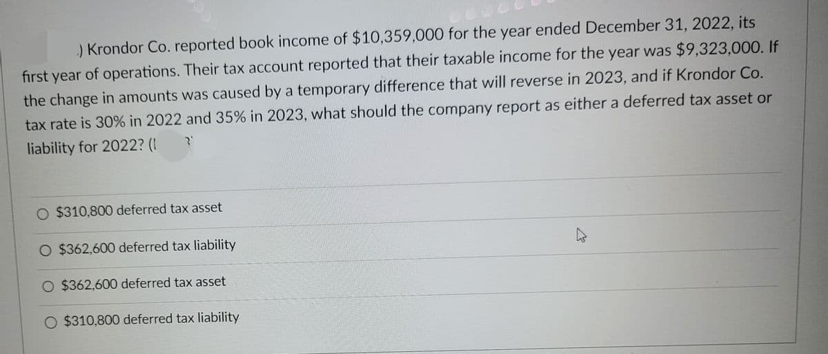 .) Krondor Co. reported book income of $10,359,000 for the year ended December 31, 2022, its
first year of operations. Their tax account reported that their taxable income for the year was $9,323,000. If
the change in amounts was caused by a temporary difference that will reverse in 2023, and if Krondor Co.
tax rate is 30% in 2022 and 35% in 2023, what should the company report as either a deferred tax asset or
liability for 2022? (1
?'
O $310,800 deferred tax asset
O $362,600 deferred tax liability
$362,600 deferred tax asset
O $310,800 deferred tax liability