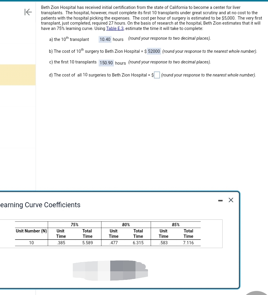 K
Beth Zion Hospital has received initial certification from the state of California to become a center for liver
transplants. The hospital, however, must complete its first 10 transplants under great scrutiny and at no cost to the
patients with the hospital picking the expenses. The cost per hour of surgery is estimated to be $5,000. The very first
transplant, just completed, required 27 hours. On the basis of research at the hospital, Beth Zion estimates that it will
have an 75% learning curve. Using Table E.3, estimate the time it will take to complete:
a) the 10th transplant 10.40 hours (round your response to two decimal places).
earning Curve Coefficients
Unit Number (N)
10
b) The cost of 10th surgery to Beth Zion Hospital = $ 52000 (round your response to the nearest whole number).
c) the first 10 transplants 150.90 hours (round your response to two decimal places).
d) The cost of all 10 surgeries to Beth Zion Hospital = $
Unit
Time
.385
75%
Total
Time
5.589
Unit
Time
.477
80%
Total
Time
6.315
(round your response to the nearest whole number).
Unit
Time
.583
85%
Total
Time
7.116
X