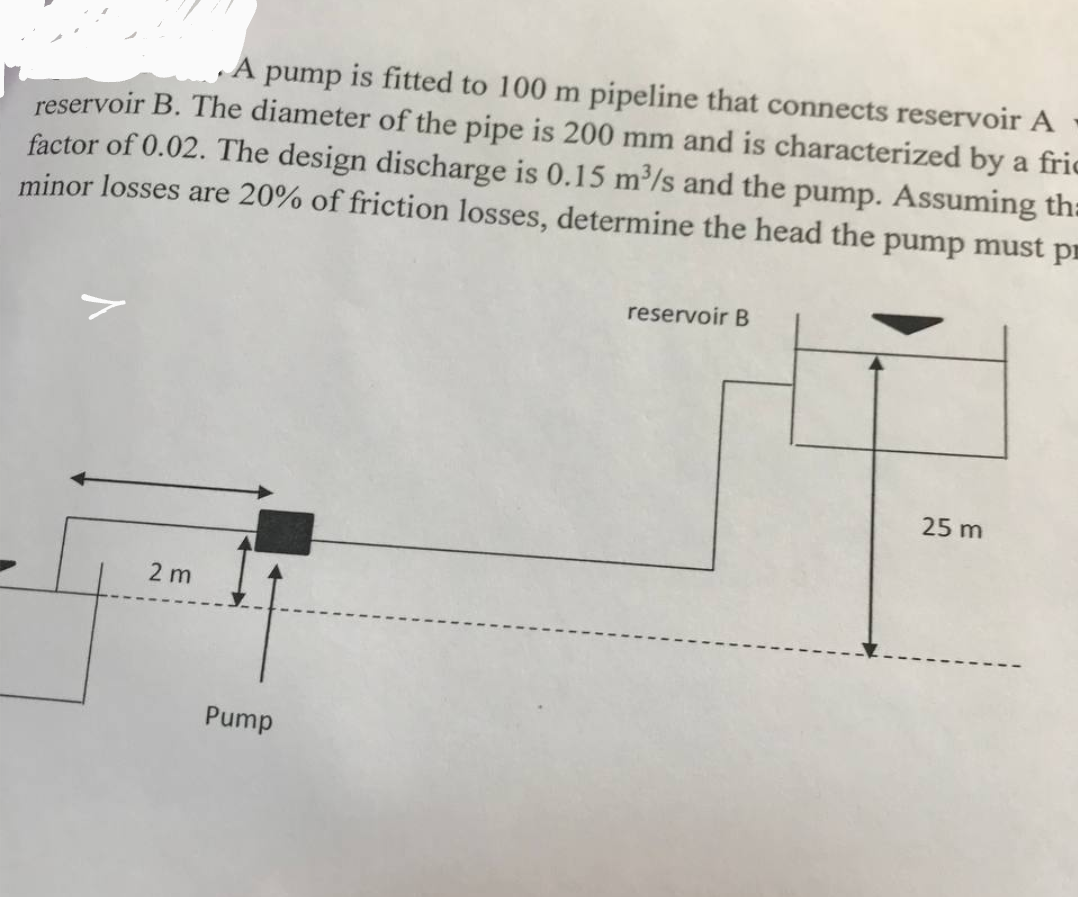 A pump is fitted to 100 m pipeline that connects reservoir A
reservoir B. The diameter of the pipe is 200 mm and is characterized by a fric
factor of 0.02. The design discharge is 0.15 m³/s and the pump. Assuming tha
minor losses are 20% of friction losses, determine the head the pump must pr
2 m
Pump
reservoir B
25 m