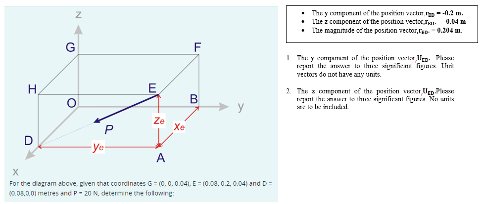 H
D
Z
G
O
P
-ye-
E
Ze
Xe
F
B
y
A
X
For the diagram above, given that coordinates G = (0, 0, 0.04), E = (0.08, 0.2, 0.04) and D=
(0.08,0,0) metres and P = 20 N, determine the following:
.
The y component of the position vector,FED = -0.2 m.
The z component of the position vector, TED- = -0.04 m
The magnitude of the position vector, TED. = 0.204 m.
1. The y component of the position vector, UED. Please
report the answer to three significant figures. Unit
vectors do not have any units.
2. The z component of the position vector,UED.Please
report the answer to three significant figures. No units
are to be included.