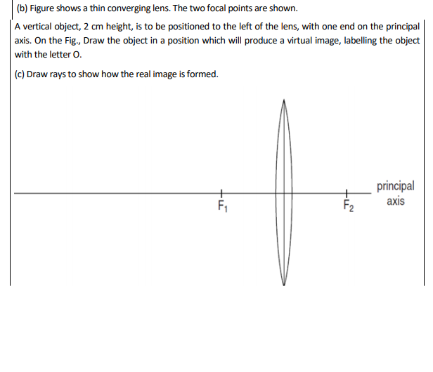 (b) Figure shows a thin converging lens. The two focal points are shown.
A vertical object, 2 cm height, is to be positioned to the left of the lens, with one end on the principal
| axis. On the Fig, Draw the object in a position which will produce a virtual image, labelling the object
with the letter O.
(c) Draw rays to show how the real image is formed.
principal
axis
F2
