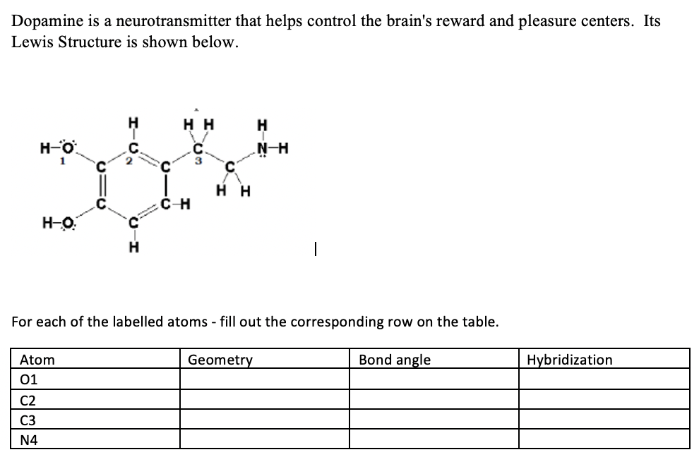 Dopamine is a neurotransmitter that helps control the brain's reward and pleasure centers. Its
Lewis Structure is shown below.
H-O
H-O:
C
Atom
01
C2
C3
N4
HH
C-H
3
C
HH
For each of the labelled atoms - fill out the corresponding row on the table.
N-H
Geometry
Bond angle
Hybridization