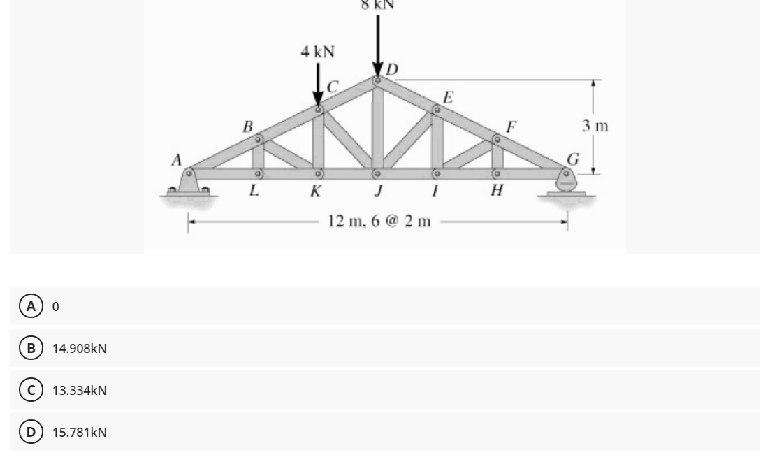 8 kN
4 kN
E
В
F
3 m
A
G
L K J I H
12 m, 6 @ 2 m
A
B
14.908KN
13.334kN
D
15.781kN
