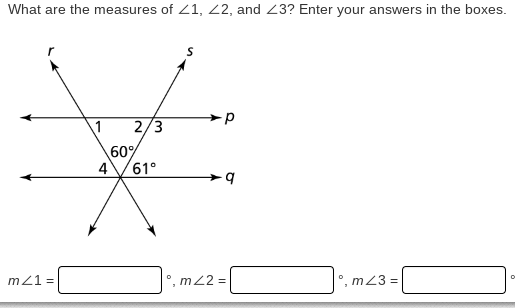 What are the measures of 41, 42, and 3? Enter your answers in the boxes.
1
4
60%
2/3
61°
S
р
m1 =
m2 =
о
°, m Z3 =