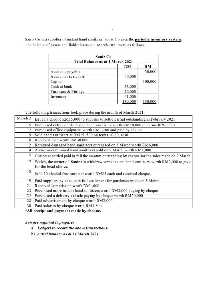 Saniz Co is a supplier of instant hand sanitizer. Saniz Co uses the periodic inventory system
The balance of assets and liabilities as at 1 March 2021 were as follows:
Saniz Co
Trial Balance as at 1 March 2021
RM
RM
Accounts payable
Accounts receivable
30.000
40,000
Capital
100,000
Cash at bank
23,000
Furniture & Fittings
26,000
Inventory
41,000
130.000
130,000
The following transactions took place during the month of March 2021:
March 2 Issued a cheque RM15,000 to supplier to settle partial outstanding in February 2021
5 Purchased extra couple design hand sanitizers worth RM20,000 on terms 8/20, n/30
7 Purchased office equipment worth RM1,200 and paid by cheque.
9 Sold hand sanitizers at RM15, 500 on terms 10/20, n/30.
10 Received loan worth RM30,000.
12 Returned damaged hand sanitizers purchased on 5 March worth RM6,000.
14 A customer returned hand sanitizers sold on 9 March worth RM1,000.
15
Customer settled paid in full the amount outstanding by cheque for the sales made on 9 March
17 Walch, the owner of Saniz Co withdrew some instant hand sanitizers worth RM2,000 to give
for the local clinics.
18
Sold 20 alcohol free sanitizer worth RM25 each and received cheque.
19 Paid suppliers by cheque in full settlement for purchases made on 5 March
21 Received commission worth RM1,000.
23 Purchased more instant hand sanitizers worth RM3.000 paving by cheque
25 Purchased a delivery vehicle paying by cheque worth RM20,000
28 Paid advertisement by cheque worth RM2,000.
30 Paid salaries by cheque worth RM1,800.
*All receipt and payment made by cheque.
You are requlred to prepare:
a) Ledgers to record the above transactions.
b) a trial balance as at 31 March 2021
