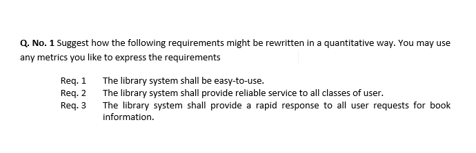 Q. No. 1 Suggest how the following requirements might be rewritten in a quantitative way. You may use
any metrics you like to express the requirements
Req. 1
Req. 2 The library system shall provide reliable service to all classes of user.
Req. 3
The library system shall be easy-to-use.
The library system shall provide a rapid response to all user requests for book
information.
