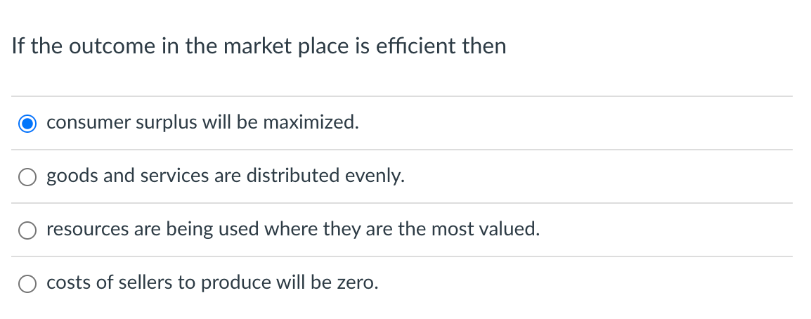 If the outcome in the market place is efficient then
consumer surplus will be maximized.
goods and services are distributed evenly.
resources are being used where they are the most valued.
costs of sellers to produce will be zero.
