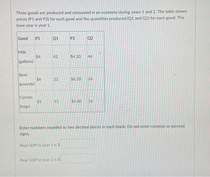 Three goods are produced and consumed in an economy during years 1 and 2. The table shows
prices (P1 and P2) for each good and the quantities produced (Q1 and Q2) for each good. The
base year is year 1.
Good
P1
Q1
P2
Q2
Milk
$4
42
$4.20
46
(gallons)
Beef
$6
(pounds)
22
$6.20
24
Carrots
$5
(bags)
11
$4.80
16
Enter numbers rounded to two decimal places in each blank. Do not enter commas or percent
signs.
Real GDP in year 1 is $
Real GDP in year 2 is $
