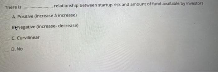 There is
relationship between startup risk and amount of fund available by investors
A. Positive (increase å increase)
BANegative (increase- decrease)
C. Curvilinear
D. No
