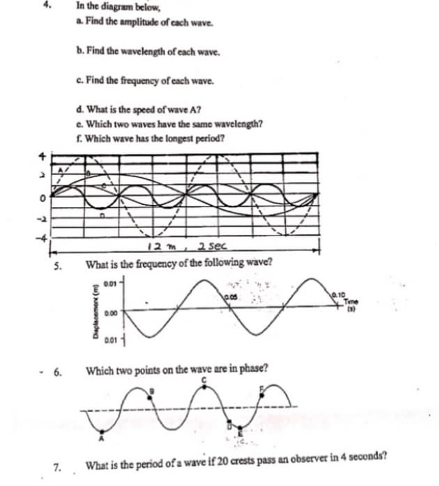 +1 O
7 +
In the diagram below,
a. Find the amplitude of each wave.
b. Find the wavelength of each wave.
c. Find the frequency of each wave.
d. What is the speed of wave A?
e. Which two waves have the same wavelength?
f. Which wave has the longest period?
12m 2 sec
5. What is the frequency of the following wave?
0.01
0.05
E
0.00
0.01
Which two points on the wave are in phase?
6.
Displacement (m)
مضة
Time
(3)
7. What is the period of a wave if 20 crests pass an observer in 4 seconds?