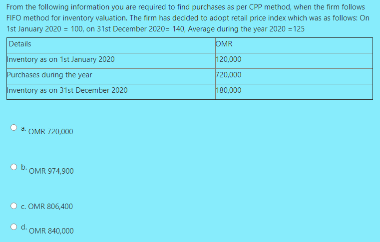 From the following information you are required to find purchases as per CPP method, when the firm follows
FIFO method for inventory valuation. The firm has decided to adopt retail price index which was as follows: On
1st January 2020 = 100, on 31st December 2020= 140, Average during the year 2020 = 125
Details
OMR
Inventory as on 1st January 2020
120,000
Purchases during the year
720,000
Inventory as on 31st December 2020
180,000
a.
OMR 720,000
OMR 974,900
c. OMR 806,400
OMR 840,000
