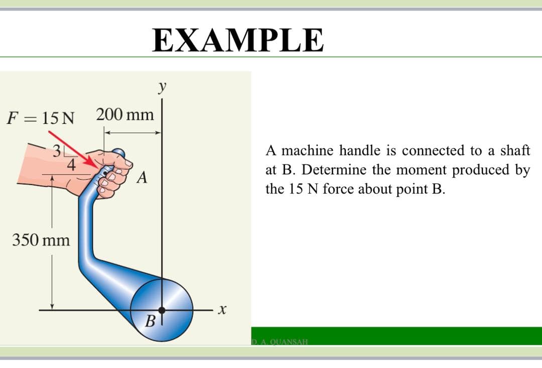 EXAMPLE
F = 15 N
200 mm
A machine handle is connected to a shaft
at B. Determine the moment produced by
the 15 N force about point B.
31
А
350 mm
В
DA. QUANSAH
