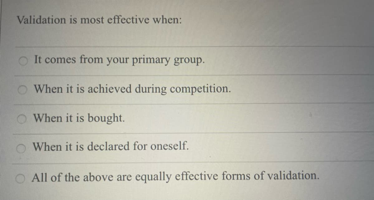 Validation is most effective when:
It comes from your primary group.
O When it is achieved during competition.
O When it is bought.
When it is declared for oneself.
All of the above are equally effective forms of validation.
