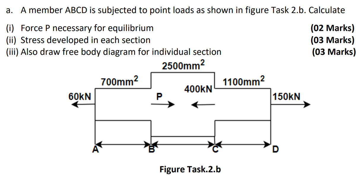 a. A member ABCD is subjected to point loads as shown in figure Task 2.b. Calculate
(i) Force P necessary for equilibrium
(ii) Stress developed in each section
(iii) Also draw free body diagram for individual section
(02 Marks)
(03 Marks)
(03 Marks)
2500mm2
700mm2
1100mm?
400KN
60KN
150KN
A
Figure Task.2.b
