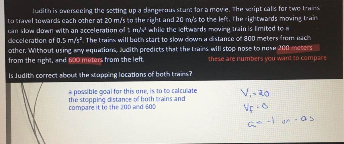 Judith is overseeing the setting up a dangerous stunt for a movie. The script calls for two trains
to travel towards each other at 20 m/s to the right and 20 m/s to the left. The rightwards moving train
can slow down with an acceleration of 1 m/s² while the leftwards moving train is limited to a
deceleration of 0.5 m/s². The trains will both start to slow down a distance of 800 meters from each
other. Without using any equations, Judith predicts that the trains will stop nose to nose 200 meters
from the right, and 600 meters from the left.
these are numbers you want to compare
Is Judith correct about the stopping locations of both trains?
a possible goal for this one, is to to calculate
the stopping distance of both trains and
compare it to the 200 and 600
V₁-20
Vf = 0
-1 or
a = -1
*****
or - as