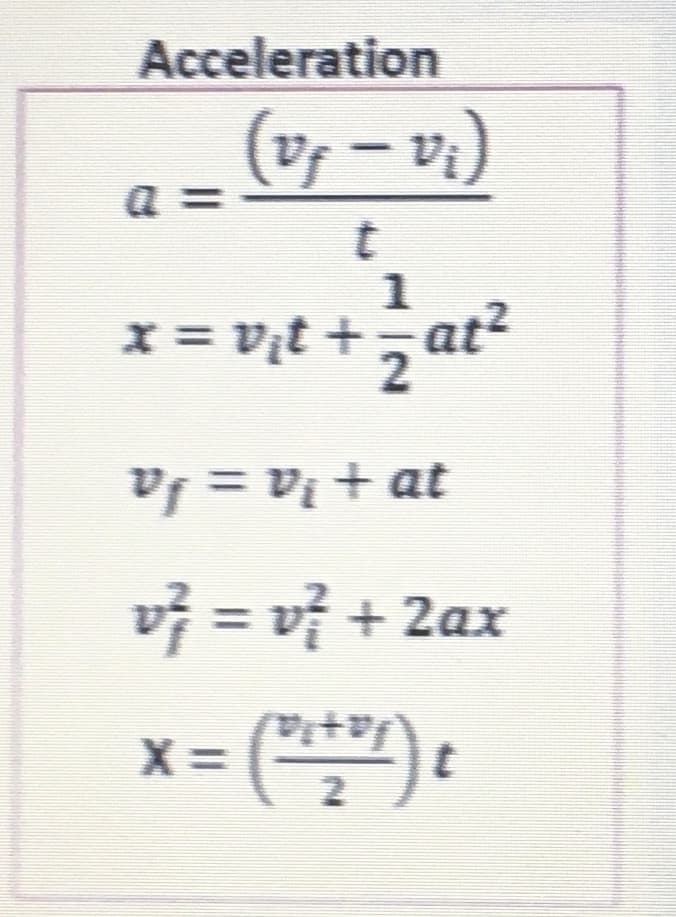 Acceleration
a=
(vj − v₁)
t
1
x = v₁t + = at²
2
Vƒ = V₁ + at
v} = v} + 2ax
² = ( 01+07) ₁
t
X=