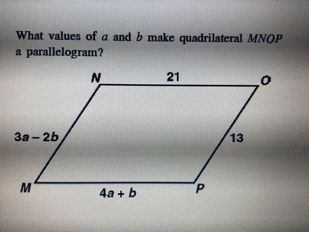 What values of a and b make quadrilateral MNOP
a parallelogram?
N.
21
За - 2b
13
M.
4а + b
P
