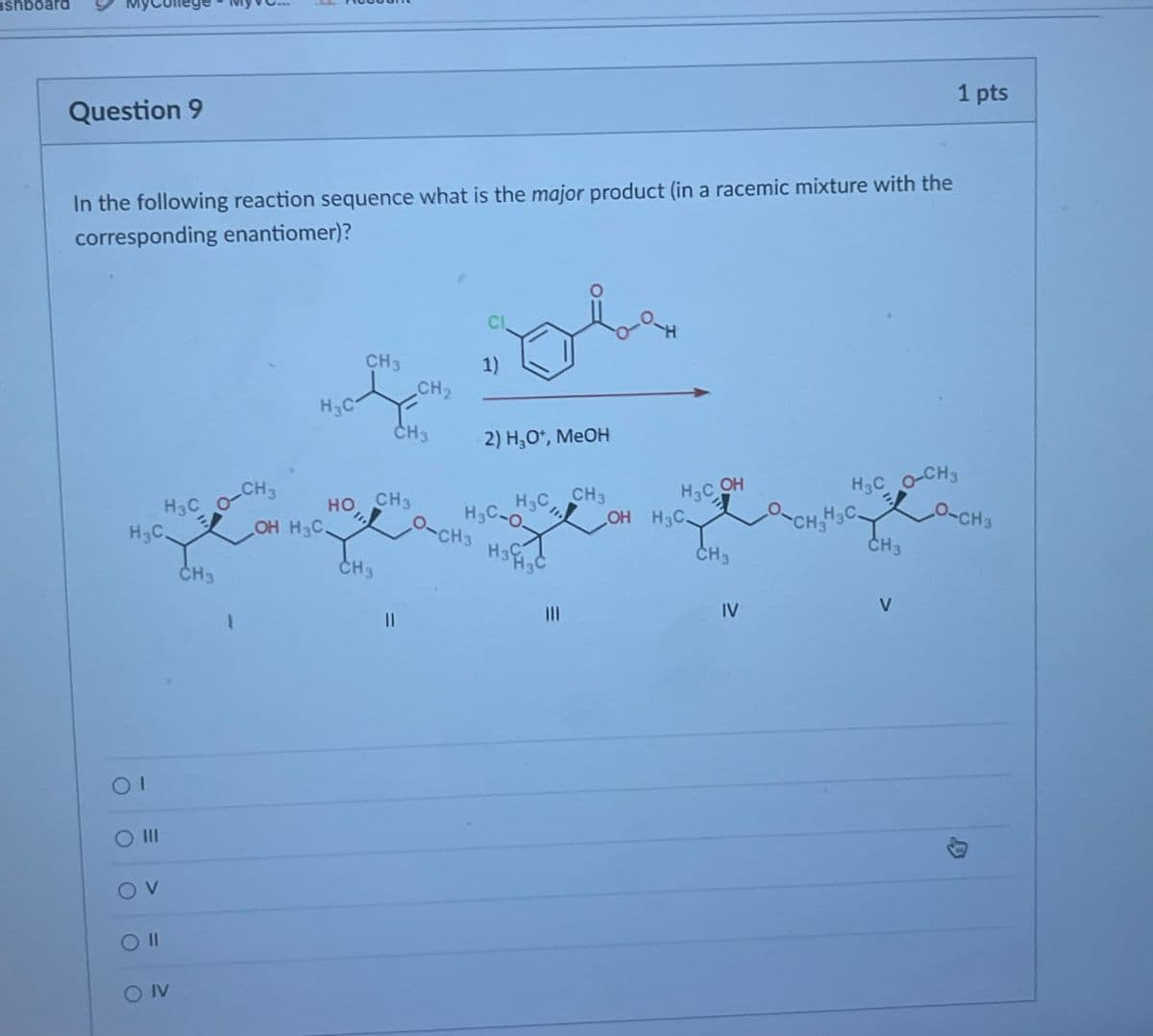 ashboard
Question 9
In the following reaction sequence what is the major product (in a racemic mixture with the
corresponding enantiomer)?
1 pts
CH3
1)
CH2
H3C
CH3
2) H₂O+, MeOH
H3C
-CH3
CH3
H&C
OH
HO
CH3
OH H3C.
HC-0
H3C
OH
H3C
H3C
CH3 H3H3
H3C O-CH3
CH3
O-CH3
CH3
CH3
CH3
V
IV
ΟΙ
O III
OV
ONV