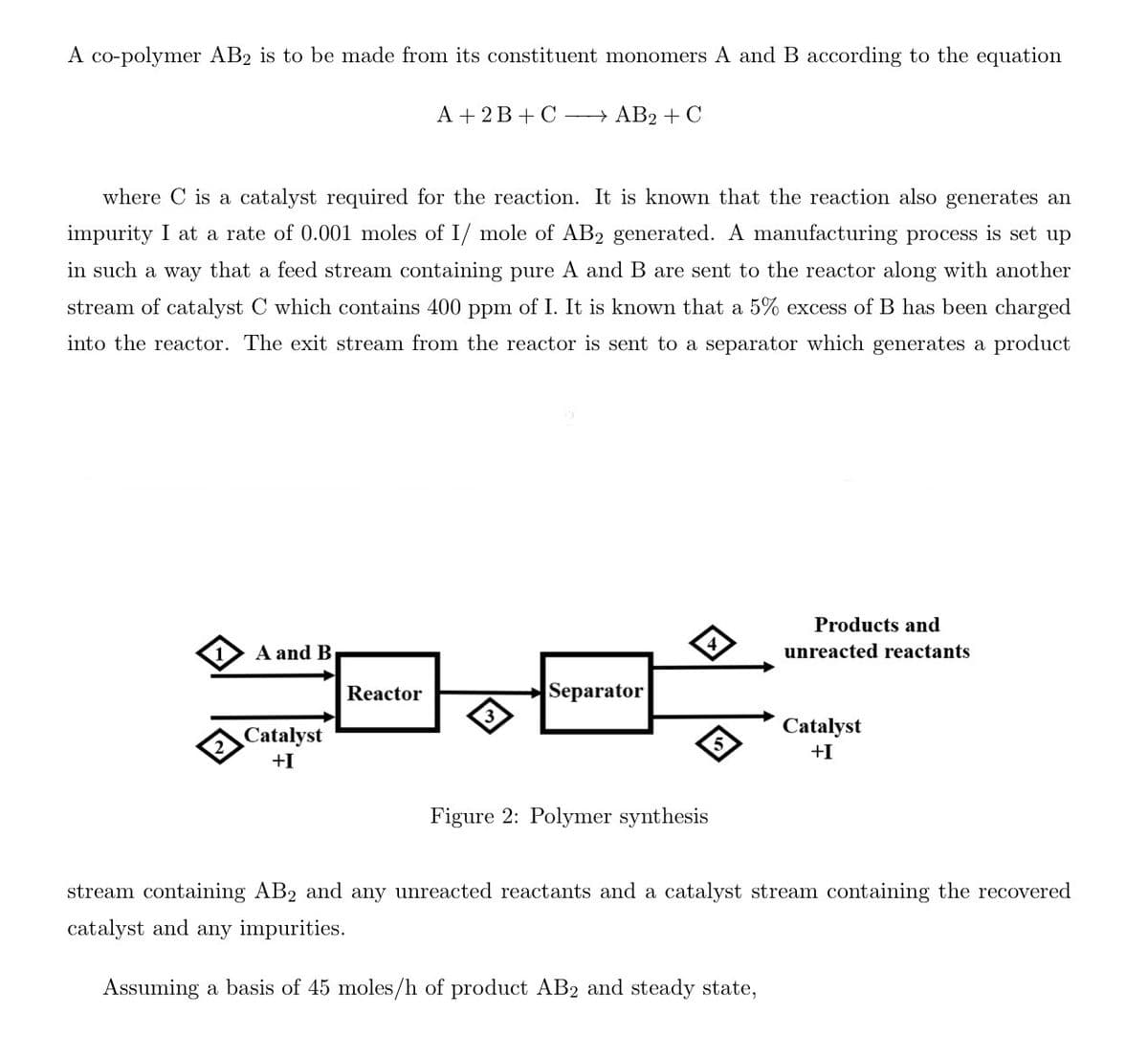 A co-polymer AB2 is to be made from its constituent monomers A and B according to the equation
where C is a catalyst required for the reaction. It is known that the reaction also generates an
impurity I at a rate of 0.001 moles of I/ mole of AB2 generated. A manufacturing process is set up
in such a way that a feed stream containing pure A and B are sent to the reactor along with another
stream of catalyst C which contains 400 ppm of I. It is known that a 5% excess of B has been charged
into the reactor. The exit stream from the reactor is sent to a separator which generates a product
A and B
Catalyst
+I
A + 2B+C ⇒ AB2 + C
Reactor
3
Separator
Figure 2: Polymer synthesis
5
Products and
unreacted reactants
Catalyst
+I
stream containing AB2 and any unreacted reactants and a catalyst stream containing the recovered
catalyst and any impurities.
Assuming a basis of 45 moles/h of product AB2 and steady state,