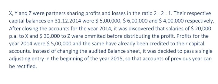 X, Y and Z were partners sharing profits and losses in the ratio 2 : 2:1. Their respective
capital balances on 31.12.2014 were $ 5,00,000, $ 6,00,000 and $ 4,00,000 respectively.
After closing the accounts for the year 2014, it was discovered that salaries of $ 20,000
p.a. to X and $ 30,000 to Z were ommited before distributing the profit. Profits for the
year 2014 were $ 5,00,000 and the same have already been credited to their capital
accounts. Instead of changing the audited Balance sheet, it was decided to pass a single
adjusting entry in the beginning of the year 2015, so that accounts of previous year can
be rectified.
