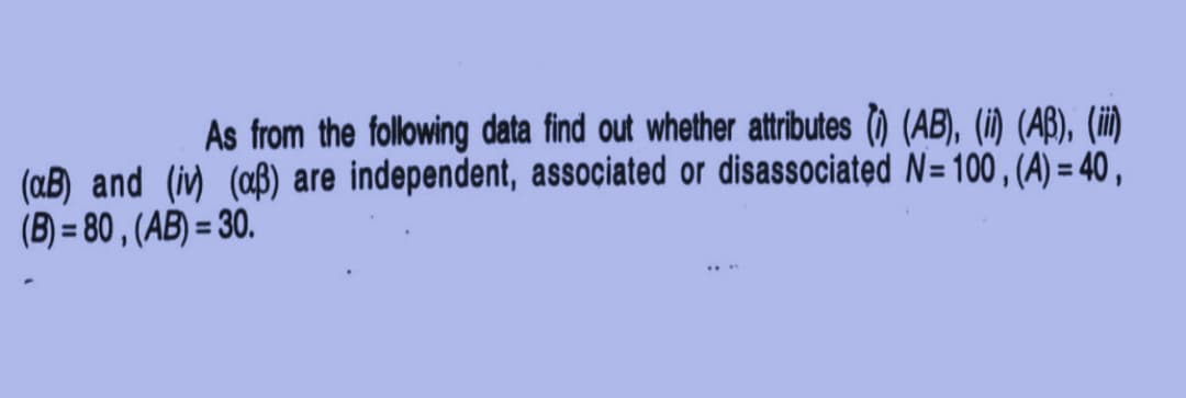 As from the following data find out whether attributes () (AB), (i) (AB), (ii)
(aB) and (iv) (aß) are independent, associated or disassociated N= 100 , (A) = 40 ,
(B) = 80 , (AB) = 30.
...
