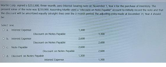 Martin Corp, signed a $253,900, three-month, zero interest-bearing note on November 1, Year 4 for the purchase of inventory. The
present value of the note was $250,000. Assuming Martin used a "Discount on Note Payable account to initially record the note and that i
the discount will be amortized equally (straight line) over the 3-month period, the adjusting entry made at December 31, Year 4 should
be:
Select one:
Oa. Interest Expense
O b. Interest Expense
Oc Note Payable
Discount on Notes Payable
Discount on Notes Payable
Discount on Notes Payable
Od. Discount on Notes Payable
Interest Expense
1,300
2,600
2,600
1,300
1,300
2,600
2,600
1,300