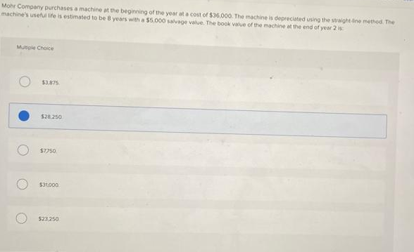 Mohr Company purchases a machine at the beginning of the year at a cost of $36,000. The machine is depreciated using the straight-line method. The
machine's useful life is estimated to be 8 years with a $5,000 salvage value. The book value of the machine at the end of year 2 is:
Multiple Choice
$3,875
$28.250
$7,750
$31,000
$23,250