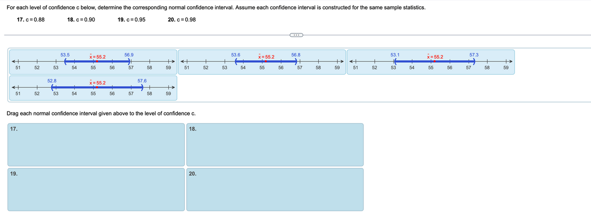 For each level of confidence c below, determine the corresponding normal confidence interval. Assume each confidence interval is constructed for the same sample statistics.
17. c = 0.88
18. c = 0.90
20. c = 0.98
+ 5
←
51
+
51
17.
52
19.
·
52
53
52.8
53
53.5
54
54
x = 55.2
55
x = 55.2
55
56
56
19. c = 0.95
56.9
57
57
57.6
+
58
58
59
59
Drag each normal confidence interval given above to the level of confidence c.
什
51
18.
20.
+
52
+
53
53.6
54
x = 55.2
55
56
56.8
+
57
58
59
51
52
53.1
53
54
x = 55.2
55
56
57.3
57
+
58
59