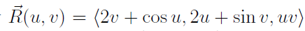 Ŕ(u, v) = (2v + cos u, 2u + sin v, uv)