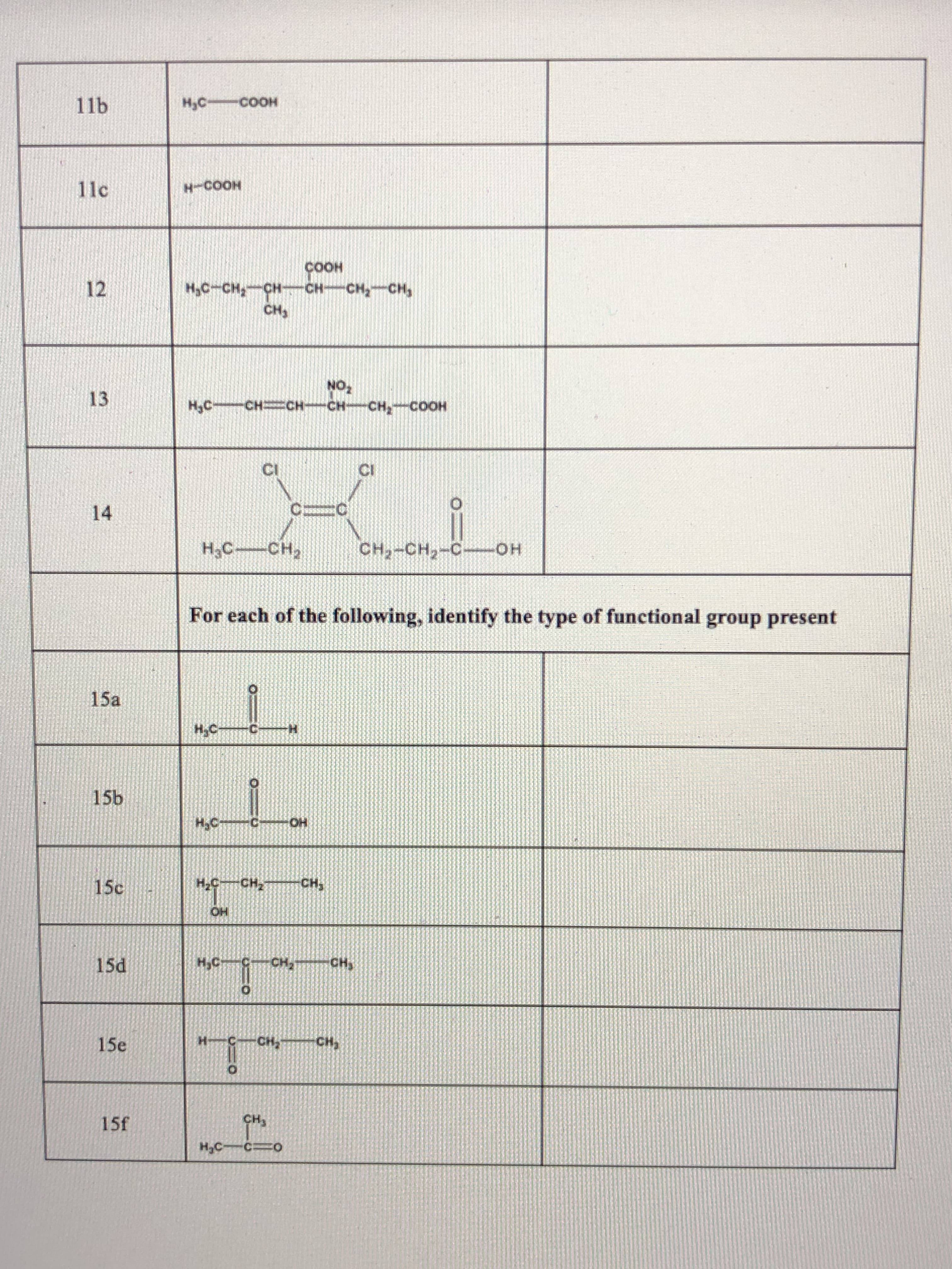 llb
llc
12
13
14
15a
15b
15c
15d
15e
15f
H₂C COOH
H-COOH
COOH
HC-CH, CHÍCH CH, CH,
CH₂
NO₂
CH=CH-CH
CH-CH₂-COOH
-HƆ=HƆ—3³H
HỌC. CH2
CH,-CH, COH
For each of the following, identify the type of functional group present
H₂C
H₂C
HD-DH
OH
H₂C
i
TX
O
CH₂
-CH₂
CH₂
H₂C-C=O
CH₂
CH₂
CH₂