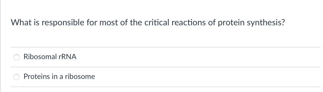 What is responsible for most of the critical reactions of protein synthesis?
Ribosomal rRNA
Proteins in a ribosome
