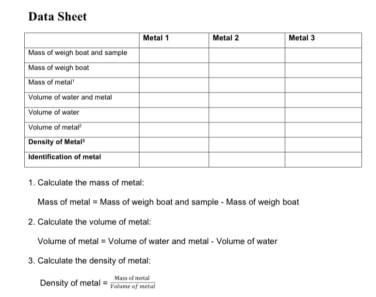 Data Sheet
Metal 1
Metal 2
Metal 3
Mass of weigh boat and sample
Mass of weigh boat
Mass of metal!
Volume of water and metal
Volume of water
Volume of metal?
Density of Metal³
Identification of metal
1. Calculate the mass of metal:
Mass of metal = Mass of weigh boat and sample - Mass of weigh boat
2. Calculate the volume of metal:
Volume of metal = Volume of water and metal - Volume of water
3. Calculate the density of metal:
Mass of metal
Density of metal =
Volume of metal
