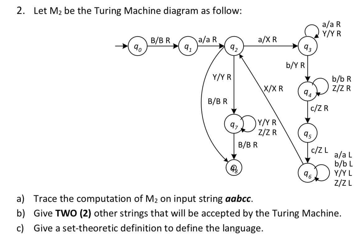 2. Let M₂ be the Turing Machine diagram as follow:
B/BR
a/a R
qo
9₁
a/a L
b/b L
Ps
96
Y/Y L
Z/Z L
a) Trace the computation of M₂ on input string aabcc.
b) Give TWO (2) other strings that will be accepted by the Turing Machine.
c) Give a set-theoretic definition to define the language.
Y/Y R
B/BR
97
a/X R
X/X R
Y/Y R
Z/Z R
B/B R
93
b/Y R
a/a R
Y/Y R
c/Z R
95
c/Z L
b/b R
Z/Z R