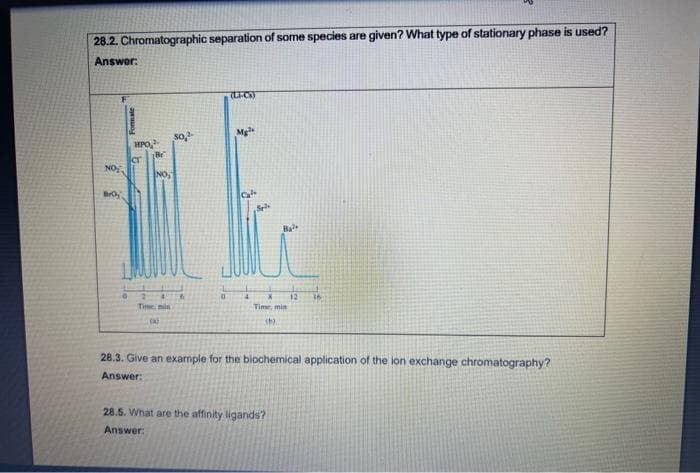 28.2. Chromatographic separation of some species are given? What type of stationary phase is used?
Answer:
NOT
Bro
Formate
HPO
Br
NO₂
Time, mis
(A)
so,
(Li-CS)
Mg
GA
Spille
Ba
Time, mis
sh)
28.5. What are the affinity ligands?
Answer:
12 36
28.3. Give an example for the biochemical application of the ion exchange chromatography?
Answer: