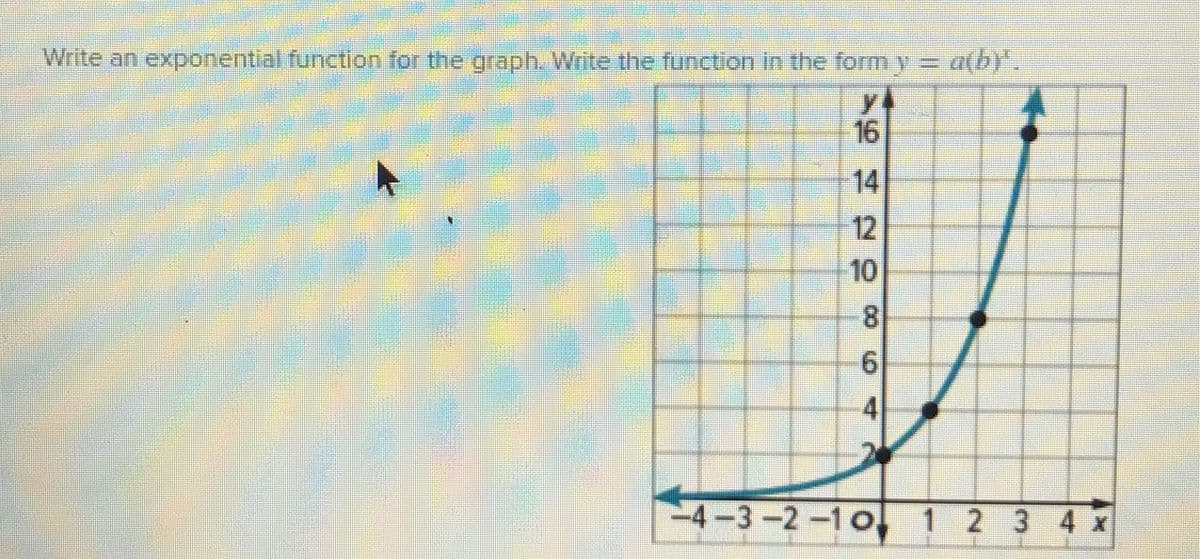 Write an exponential function for the graph. Write the function in the form y
a(by".
16
14
12
10
8.
9.
4
-4-3-2-10 1 2 3 4x
