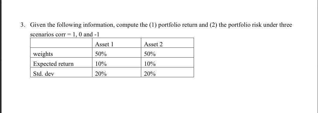 3. Given the following information, compute the (1) portfolio return and (2) the portfolio risk under three
scenarios corr = 1, 0 and -1
weights
Expected return
Std. dev
Asset 1
50%
10%
20%
Asset 2
50%
10%
20%