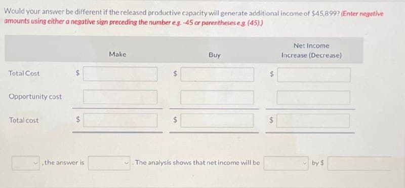 Would your answer be different if the released productive capacity will generate additional income of $45,899? (Enter negative
amounts using either a negative sign preceding the number eg. -45 or parentheses e.g. (45).)
Total Cost
Opportunity cost
Total cost
$
Make
Buy
Net Income
Increase (Decrease)
$
+A
the answer is
The analysis shows that net income will be
by $