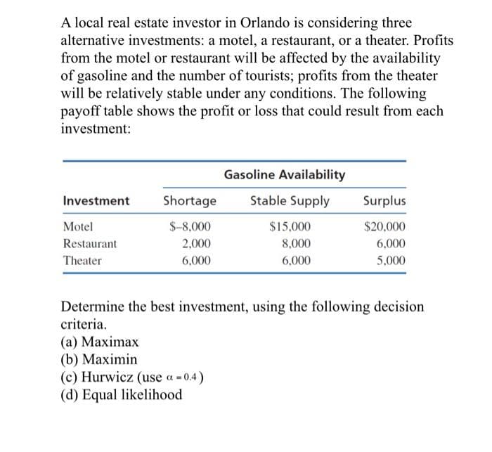 A local real estate investor in Orlando is considering three
alternative investments: a motel, a restaurant, or a theater. Profits
from the motel or restaurant will be affected by the availability
of gasoline and the number of tourists; profits from the theater
will be relatively stable under any conditions. The following
payoff table shows the profit or loss that could result from each
investment:
Gasoline Availability
Investment
Shortage
Stable Supply
Surplus
Motel
$-8,000
$15,000
$20,000
Restaurant
2,000
8,000
6,000
Theater
6,000
6,000
5,000
Determine the best investment, using the following decision
criteria.
(a) Maximax
(b) Maximin
(c) Hurwicz (use a -0.4)
(d) Equal likelihood