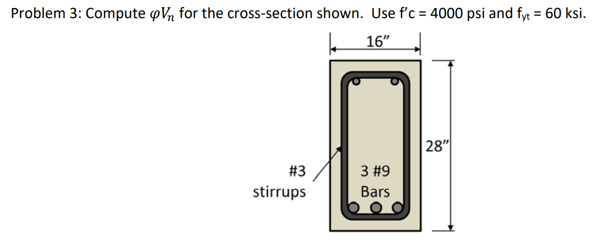 Problem 3: Compute pV, for the cross-section shown. Use f'c = 4000 psi and fyt = 60 ksi.
16"
28"
#3
3 #9
stirrups
Bars
